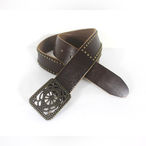 Vintage Studded Brown Leather Belt with Brass Studs and Buckle - Picture 1 of 9